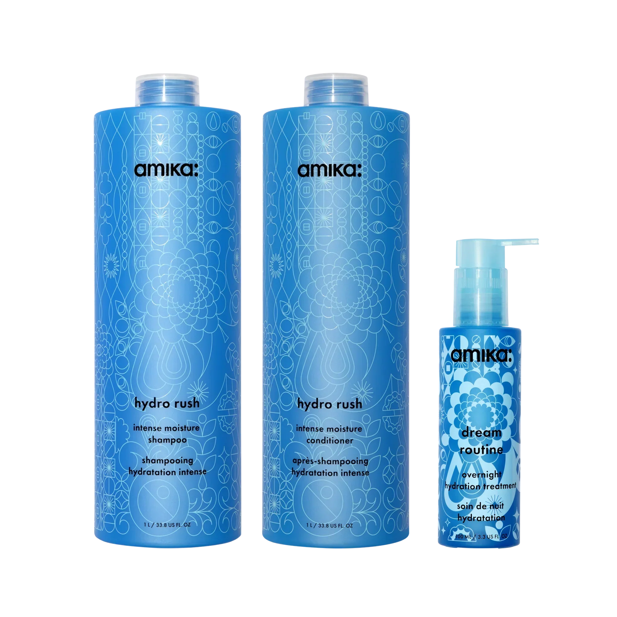 super-sized hydration set hydro rush intense moisture shampoo + conditioner + dream routine overnight treatment