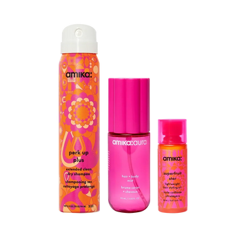 refresh, prep + mist set amika:aura hair + body mist, perk up plus dry shampoo, superfruit star styling oil